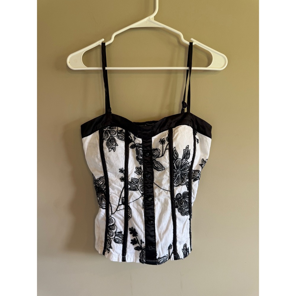 My Michelle Womens Floral Embroidered Corset Style Camisole Top Black White Med